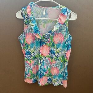 Lulu-B Floral Ruffle V-Neck Tank - Blue, Pink & Green